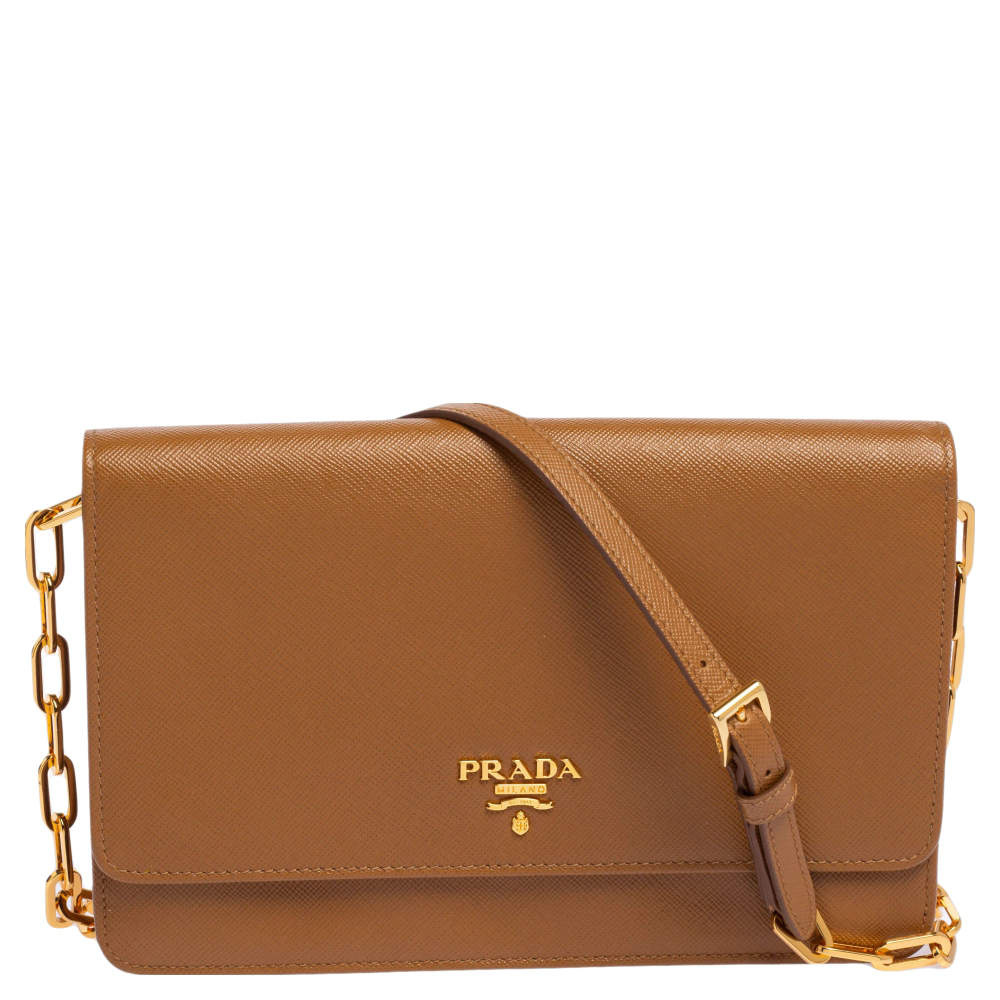 Pre Owned Prada Brown Saffiano Leather Wallet On Chain