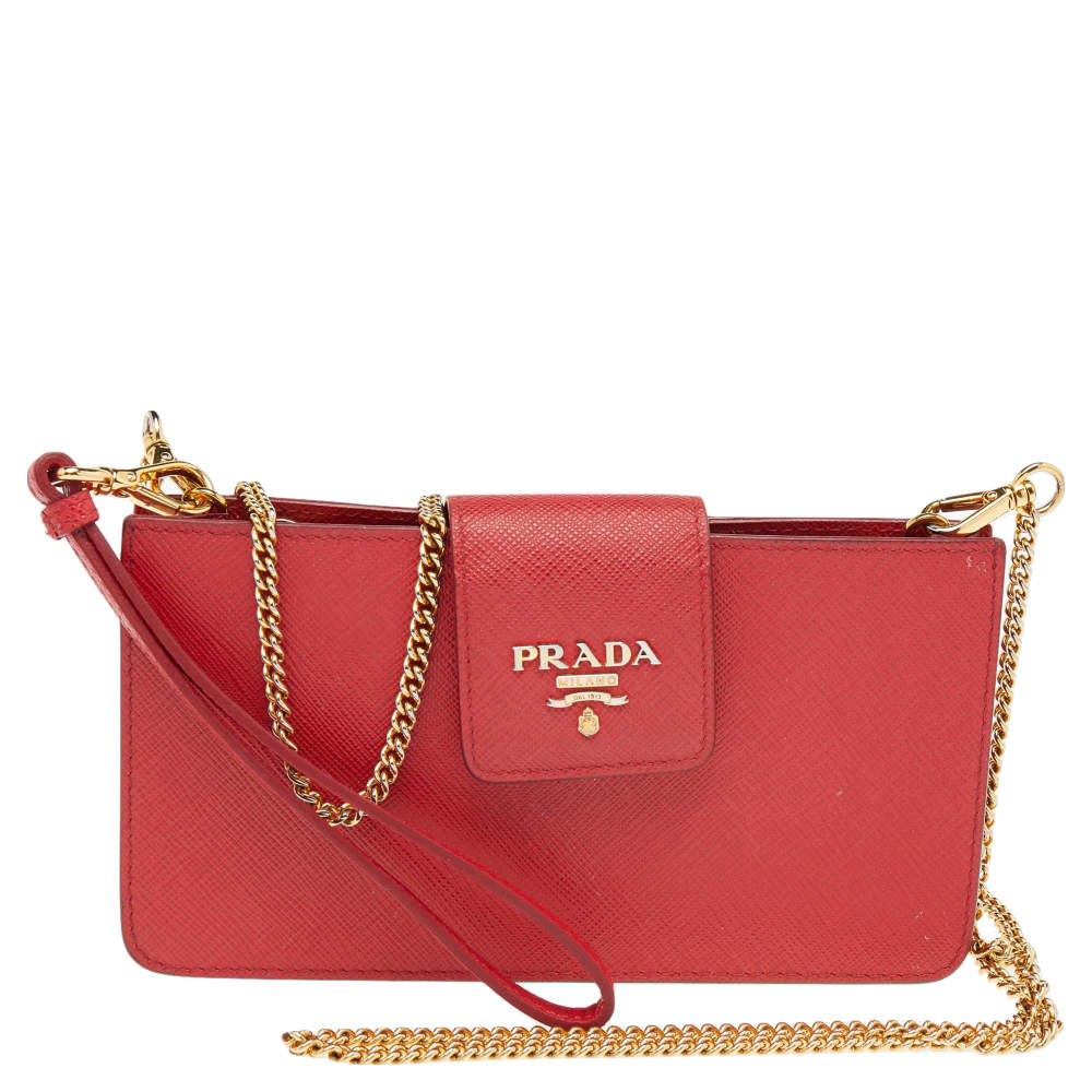 Pre Owned Prada Red Saffiano Leather Wallet on Chain