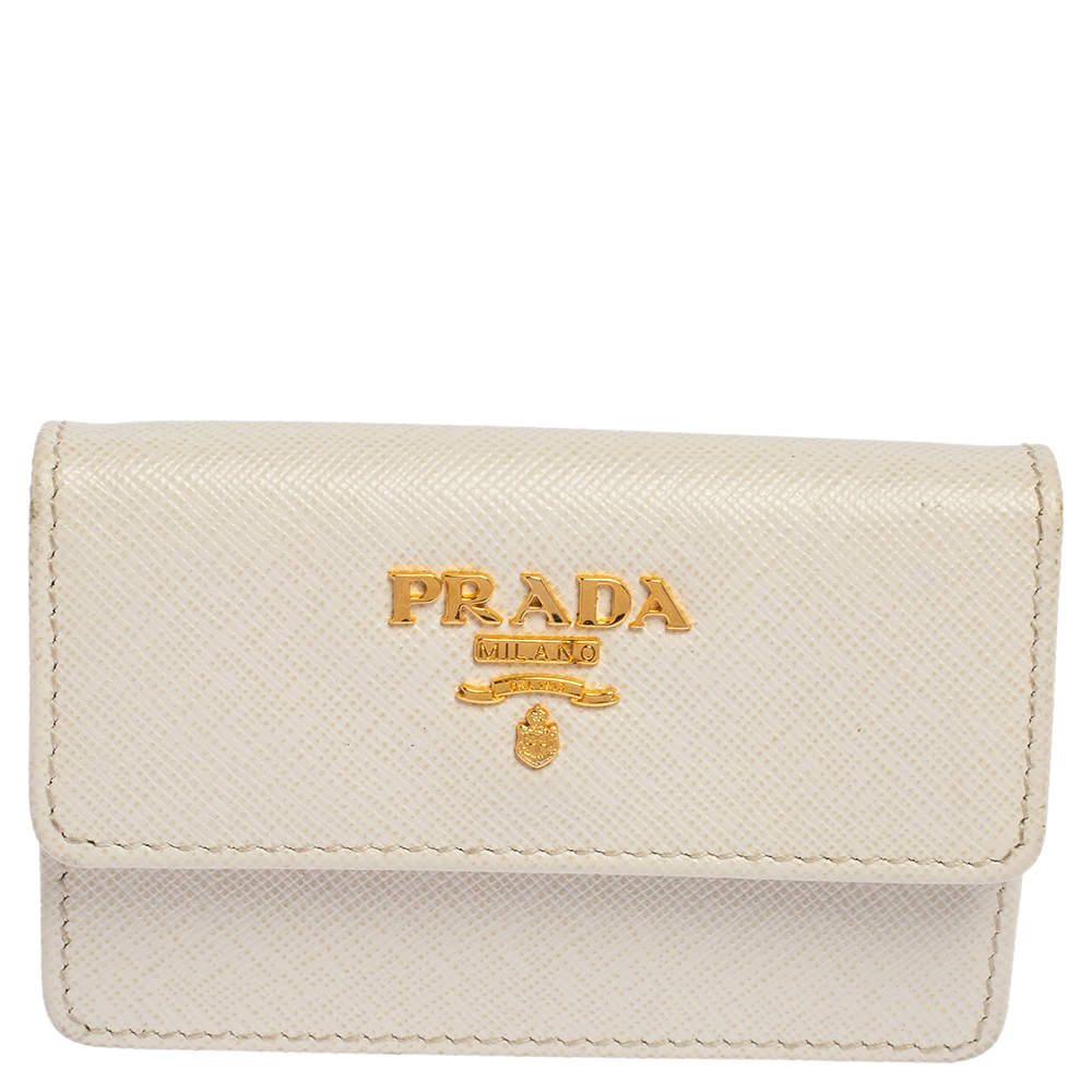 Prada White Saffiano Metal Leather Card Case