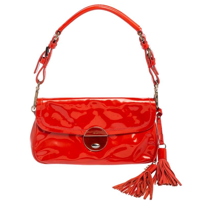 Pre Owned Prada Dark Orange Patent Leather Tassel Baguette Bag