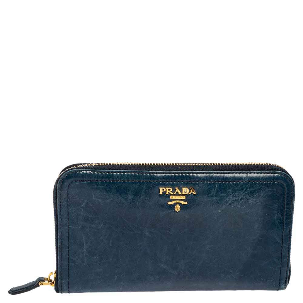Pre Owned Prada Teal Blue Crinkled Leather Zip Around Continental Wallet