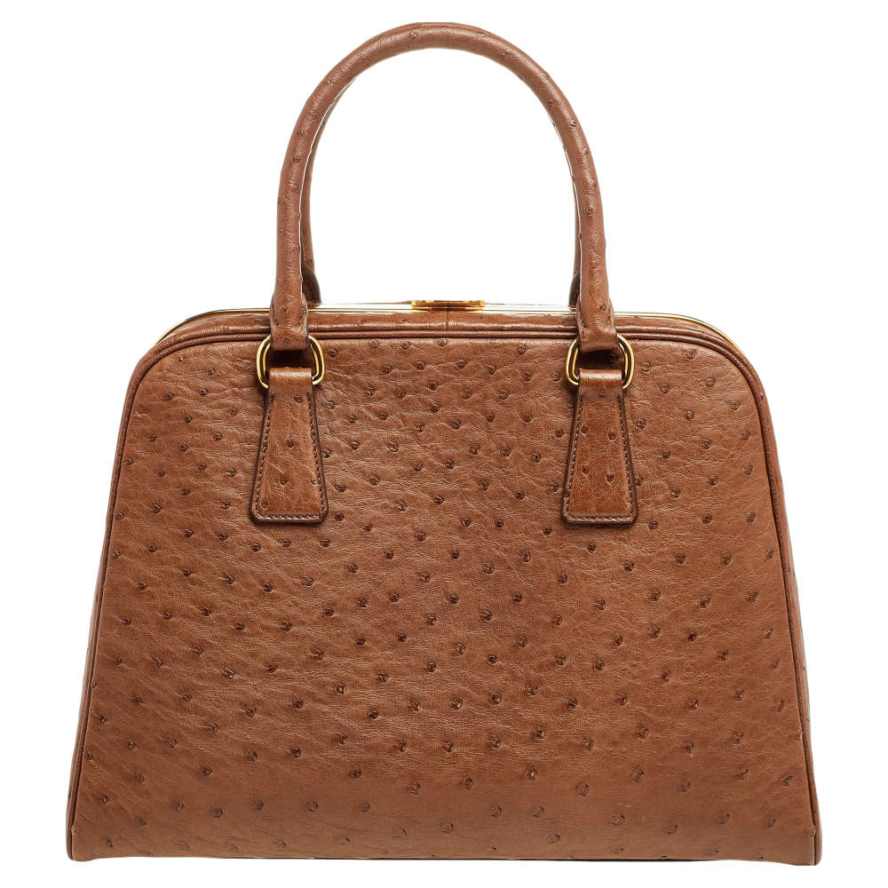 Pre Owned Prada Tabacco Ostrich Pyramid Frame Satchel 