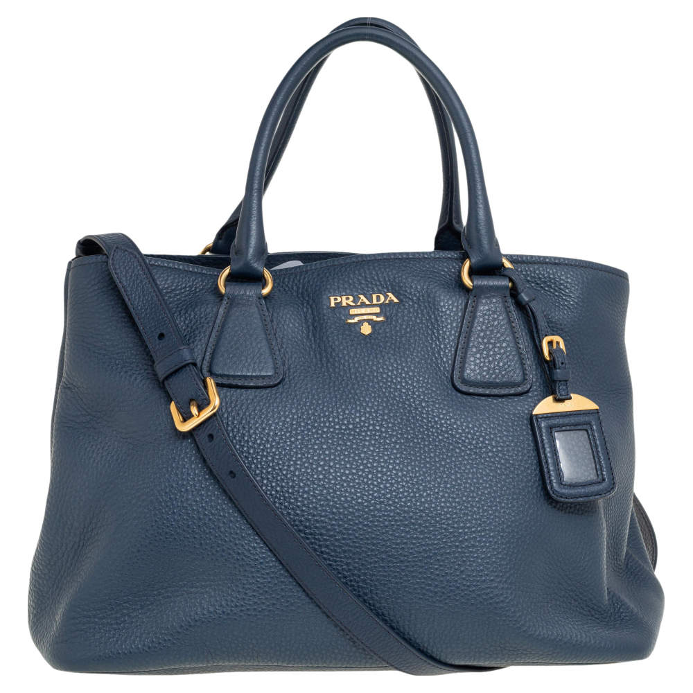 Pre Owned Prada Navy Blue Vitello Daino Leather Middle Zip Tote