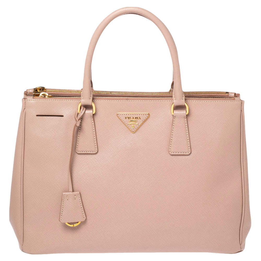 Pre Owned Prada Beige Saffiano Lux Leather Medium Galleria Double Zip Tote