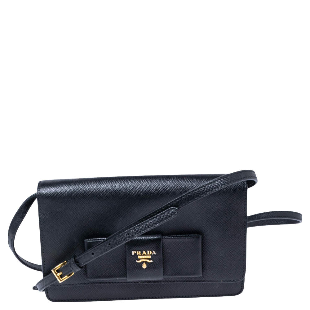 Prada Black Saffiano Lux Leather Bow Wallet On Strap