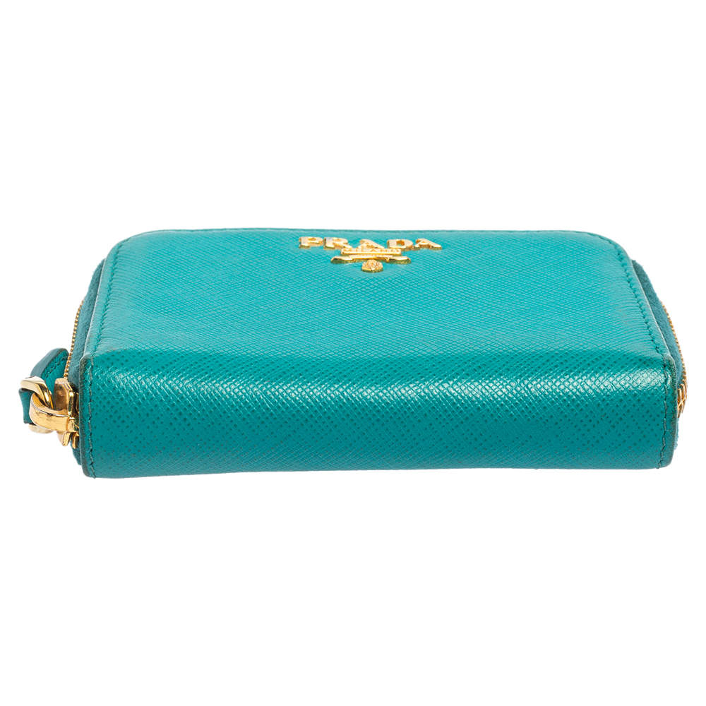 Prada Turquoise Saffiano Lux Leather Zip Around Continental Wallet Prada