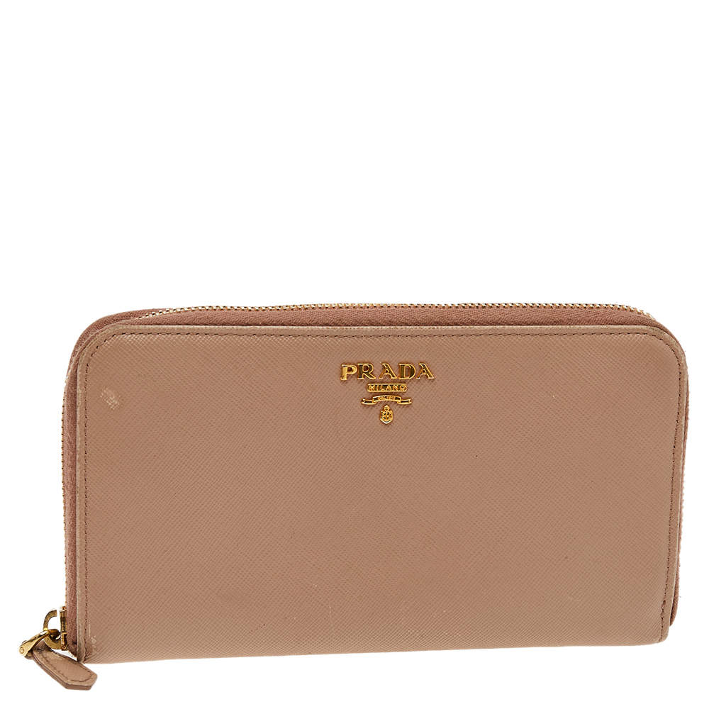 Pre Owned Prada Beige Saffiano Leather Zip Around Wallet