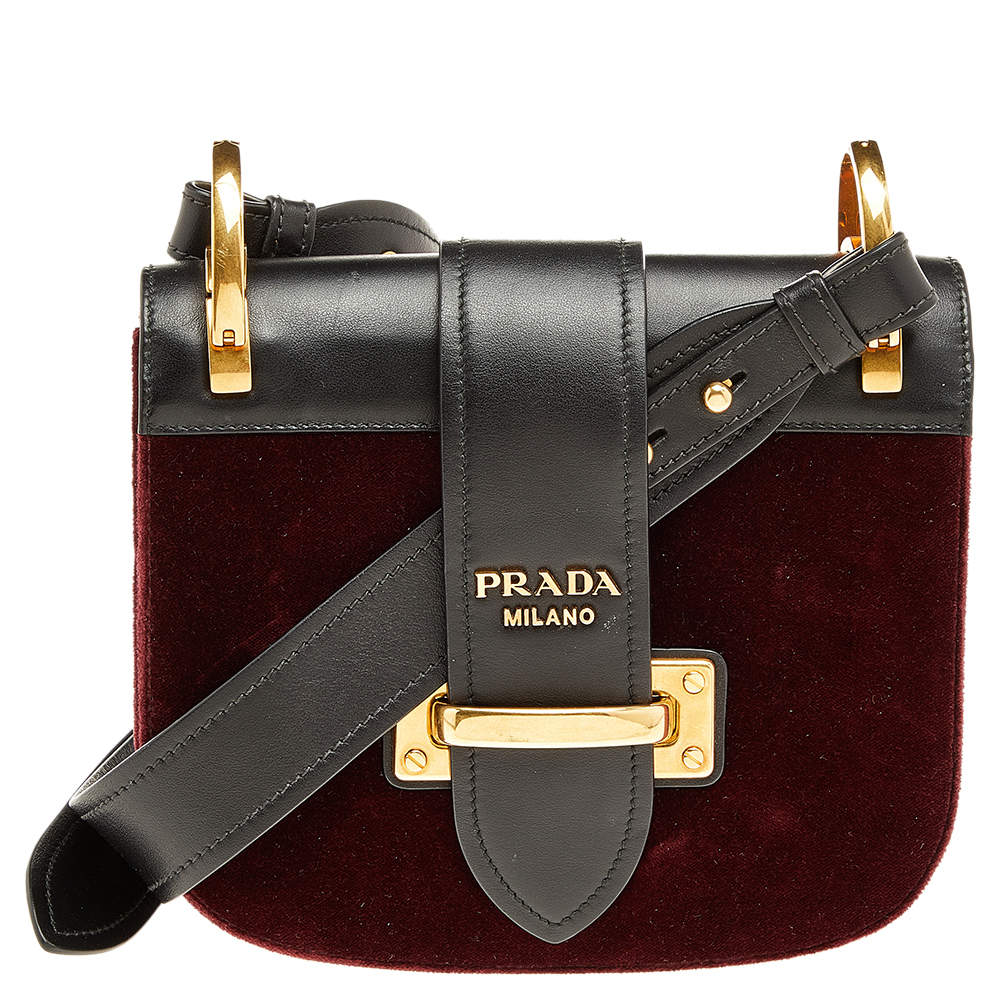 Prada  Burgundy/Black Velvet & Leather Pionniere Crossbody Bag