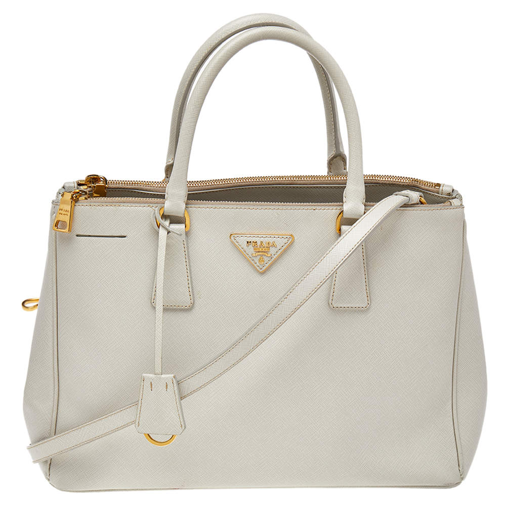 Pre Owned Prada Off White Saffiano Leather Medium Double Zip Tote