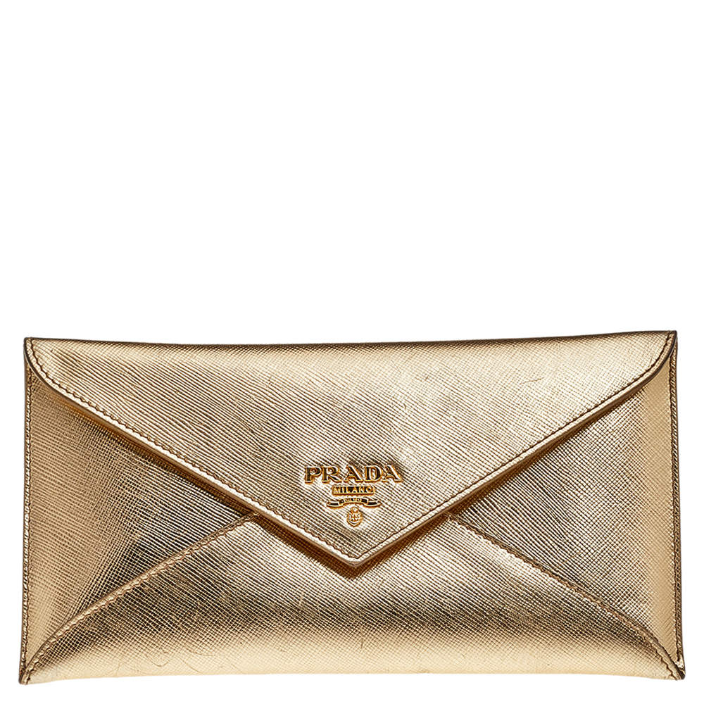 Pre Owned Prada Metallic Gold Saffiano Leather Envelope Wallet