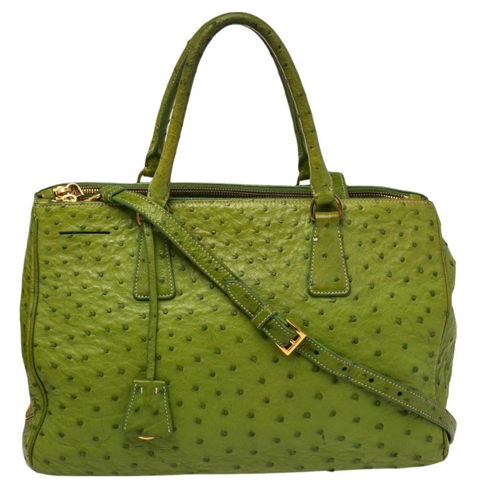 Pre Owned Prada Apple Green Ostrich Medium Double Zip Tote