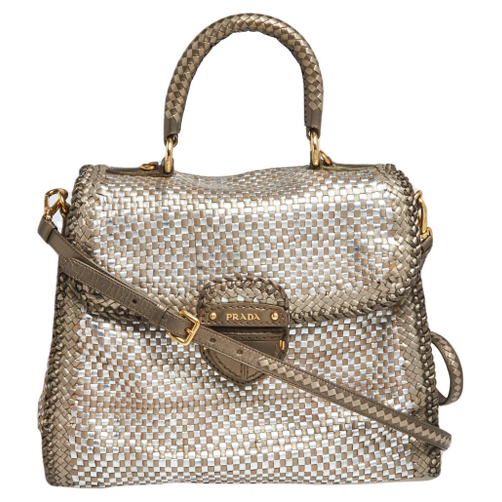 Pre Owned Prada Two Tone Metallic Woven Madras Leather Flap Top Handle Bag
