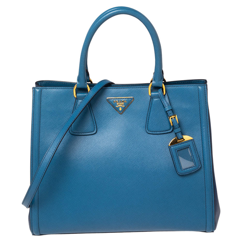 Pre Owned Prada Two Tone Blue Saffiano Leather Double Handle Tote