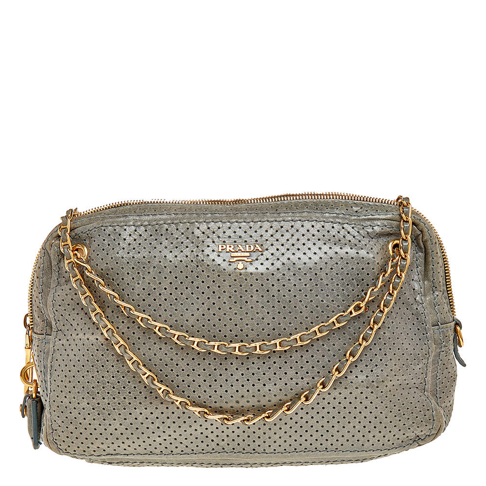 Prada Grey Perforated Leather Top Zip Chain Shoulder Bag