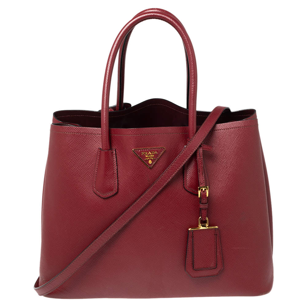 Pre Owned Prada Red Saffiano Cuir Leather Large Double Handle Tote