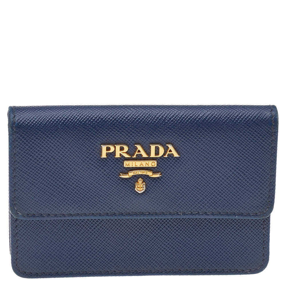 Pre Owned Prada Blue Saffiano Lux Leather Flap Card Holder