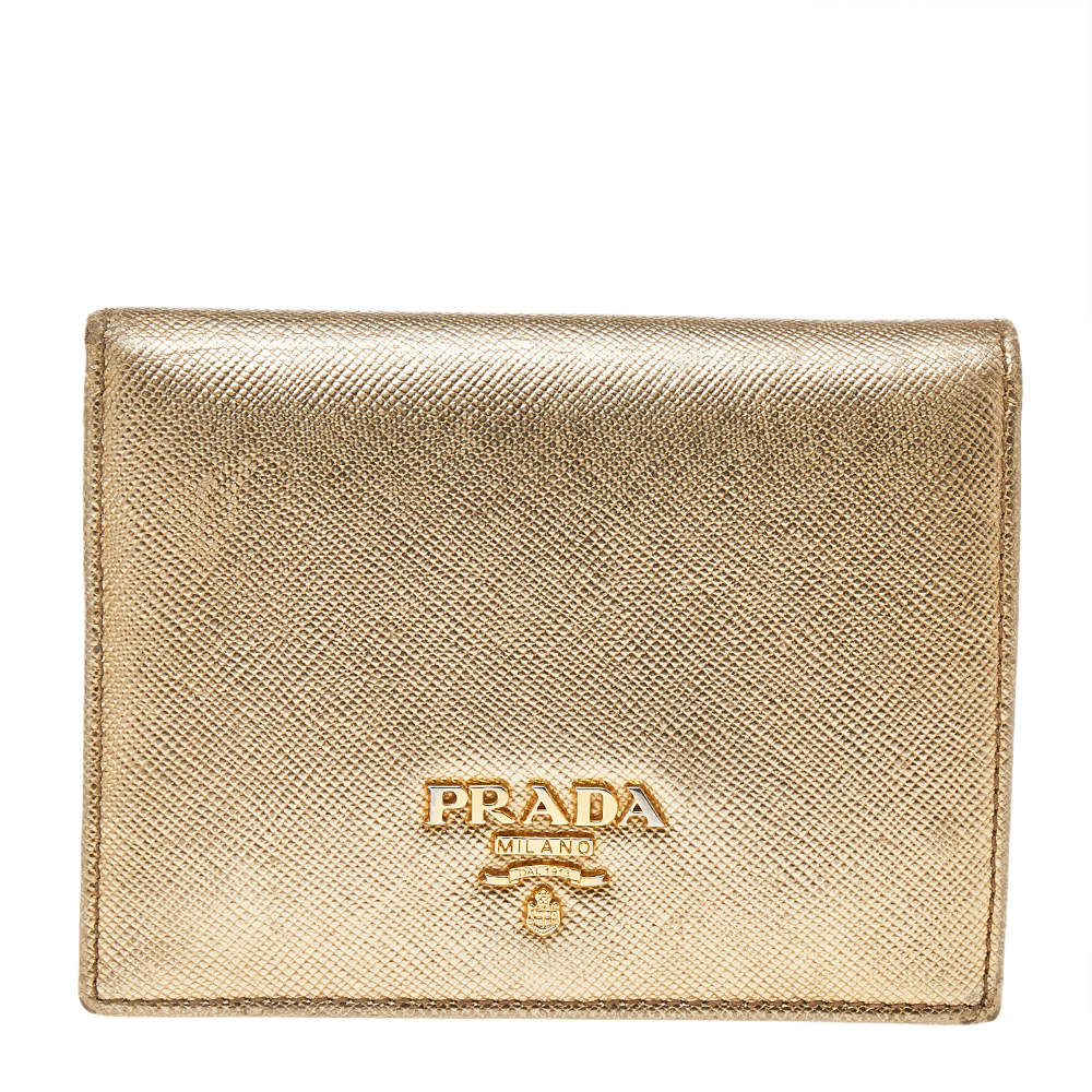 مملوكة مسبقًا Prada Metallic Gold Saffiano Leather Flap Compact Wallet