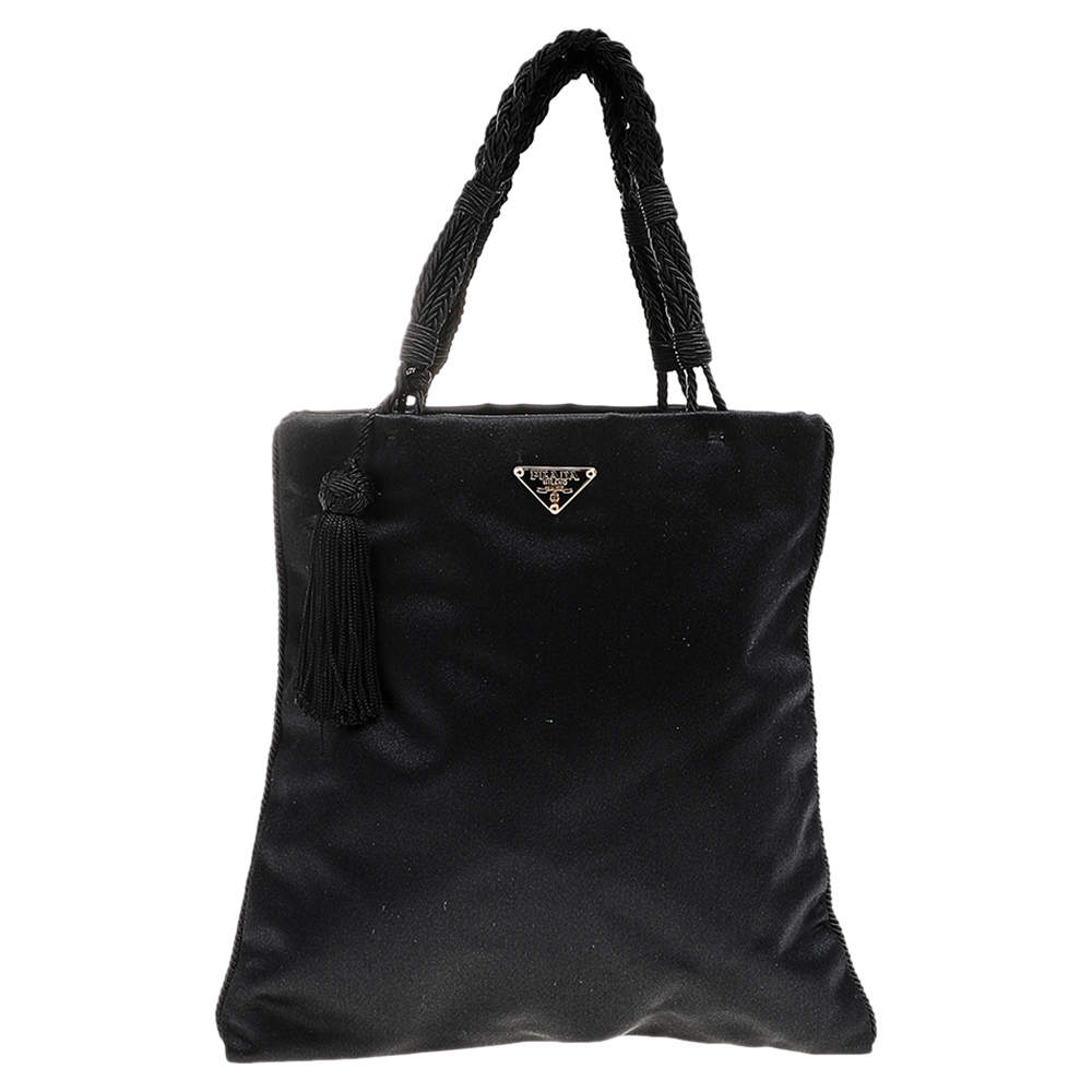 Pre Owned Prada Navy Blue/Black Satin Tassel Knitted Handle Tote