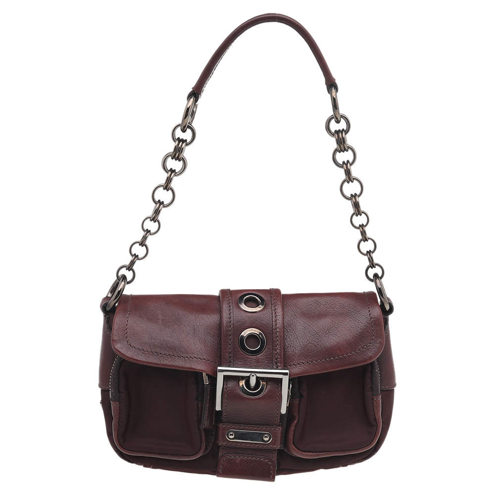 Pre Owned Prada Burgundy Leather And Nylon Buckle Flap Shoulder Bag