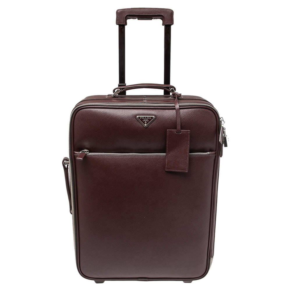 Pre Owned Prada Burgundy Saffiano Leather Travel Trolley Rolling Luggage