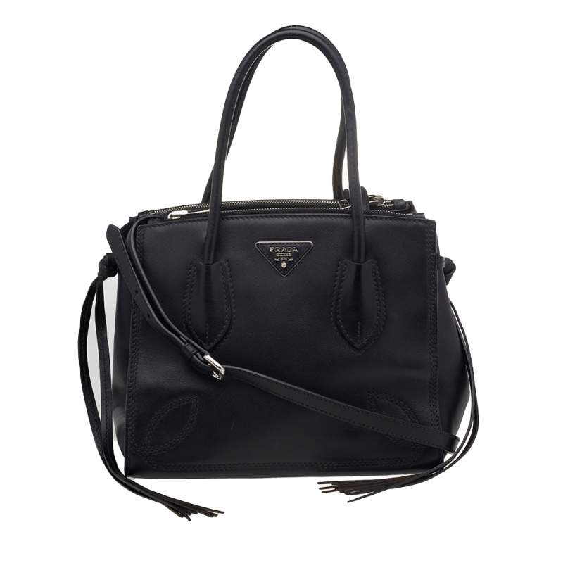 Pre Owned Prada Black Leather Stitch Double Zip Tote