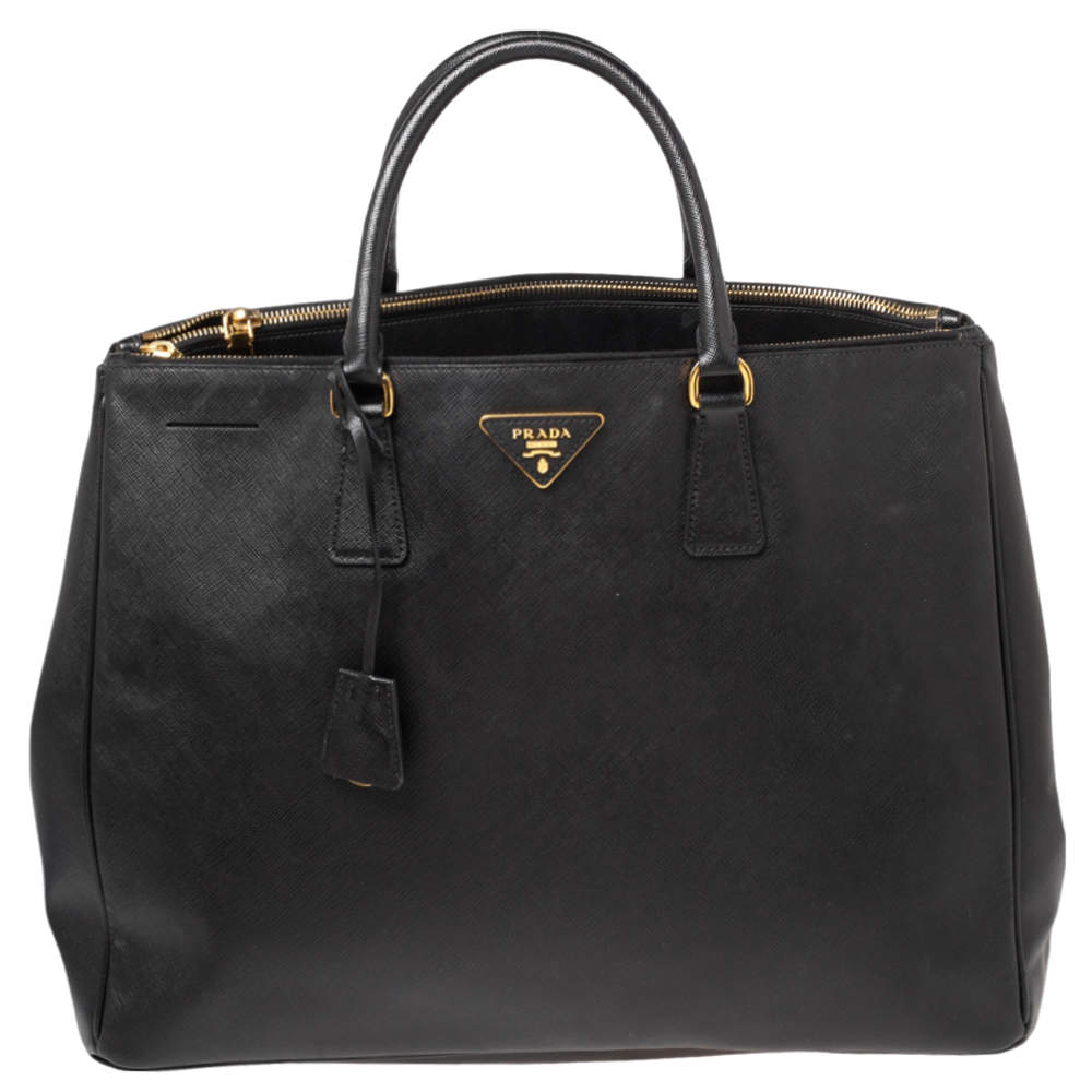 Pre Owned Prada Black Saffiano Leather Executive Double Zip Tote
