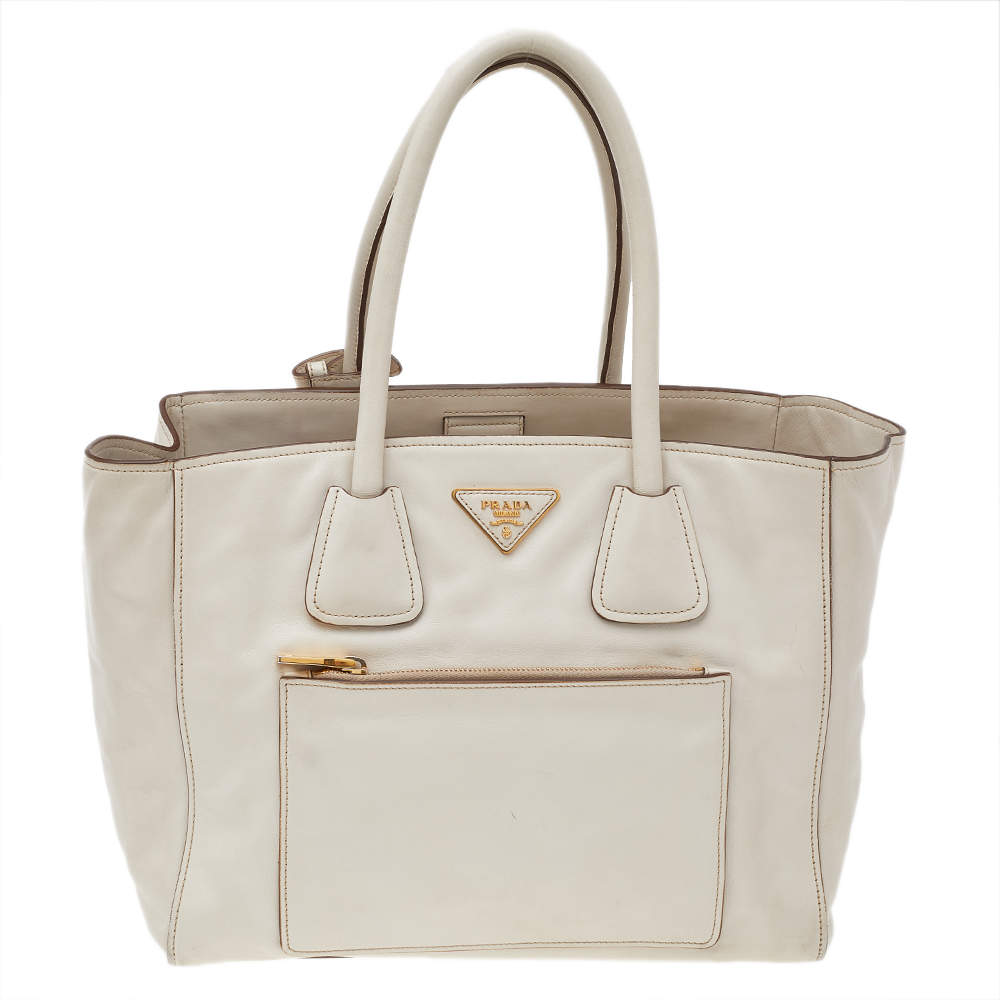 Prada Off White Leather Phenix Front Pocket Tote