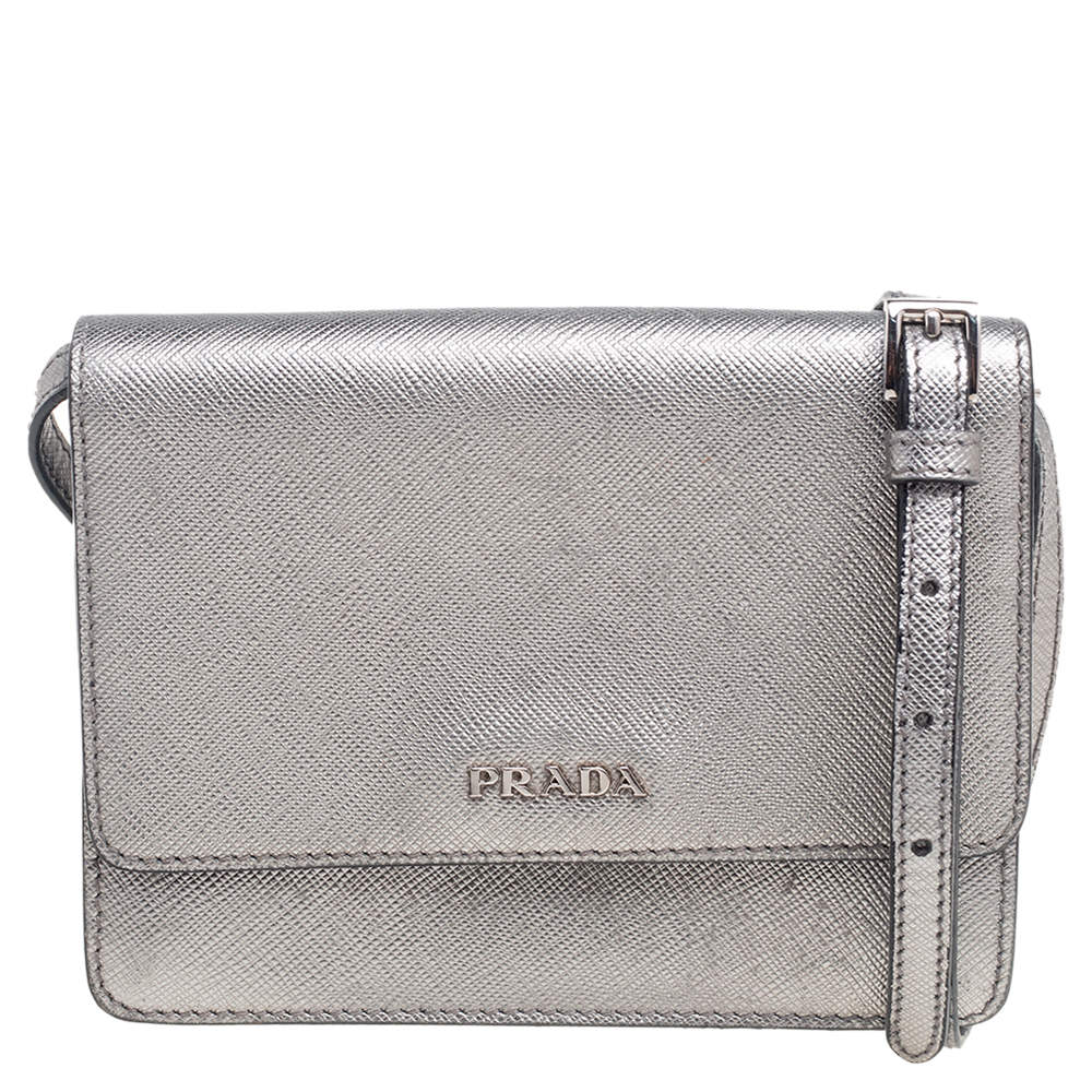 Pre Owned Prada Silver Saffiano Leather Mini Crossbody Bag