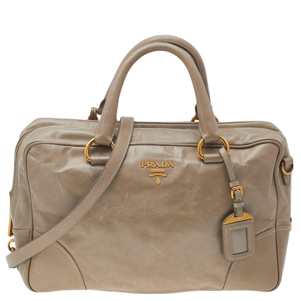 Pre Owned Prada Beige Leather Shine Top Zip Satchel