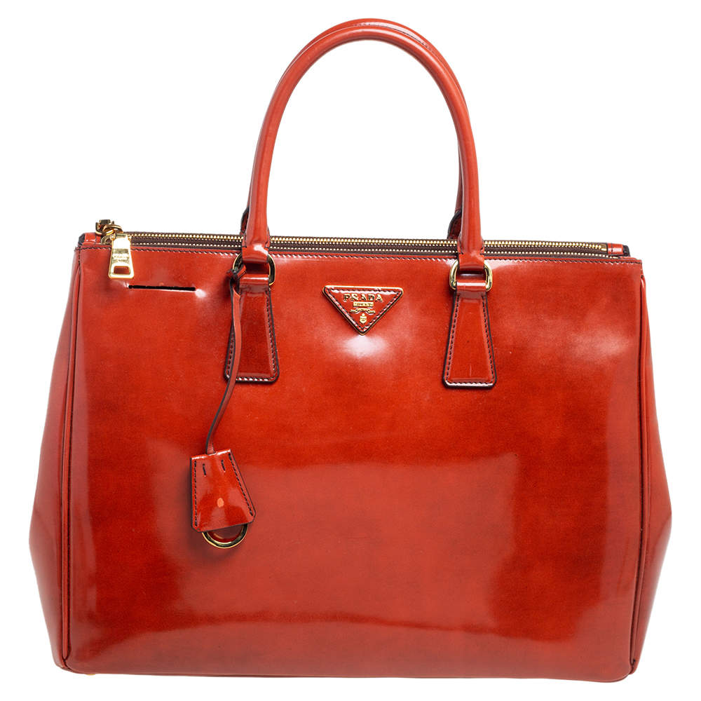 Pre Owned Prada Arancio Spazzolato Leather Large Fume Double Zip Tote