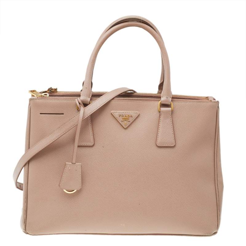 Pre Owned Prada Beige Saffiano Lux Leather Medium Double Zip Tote