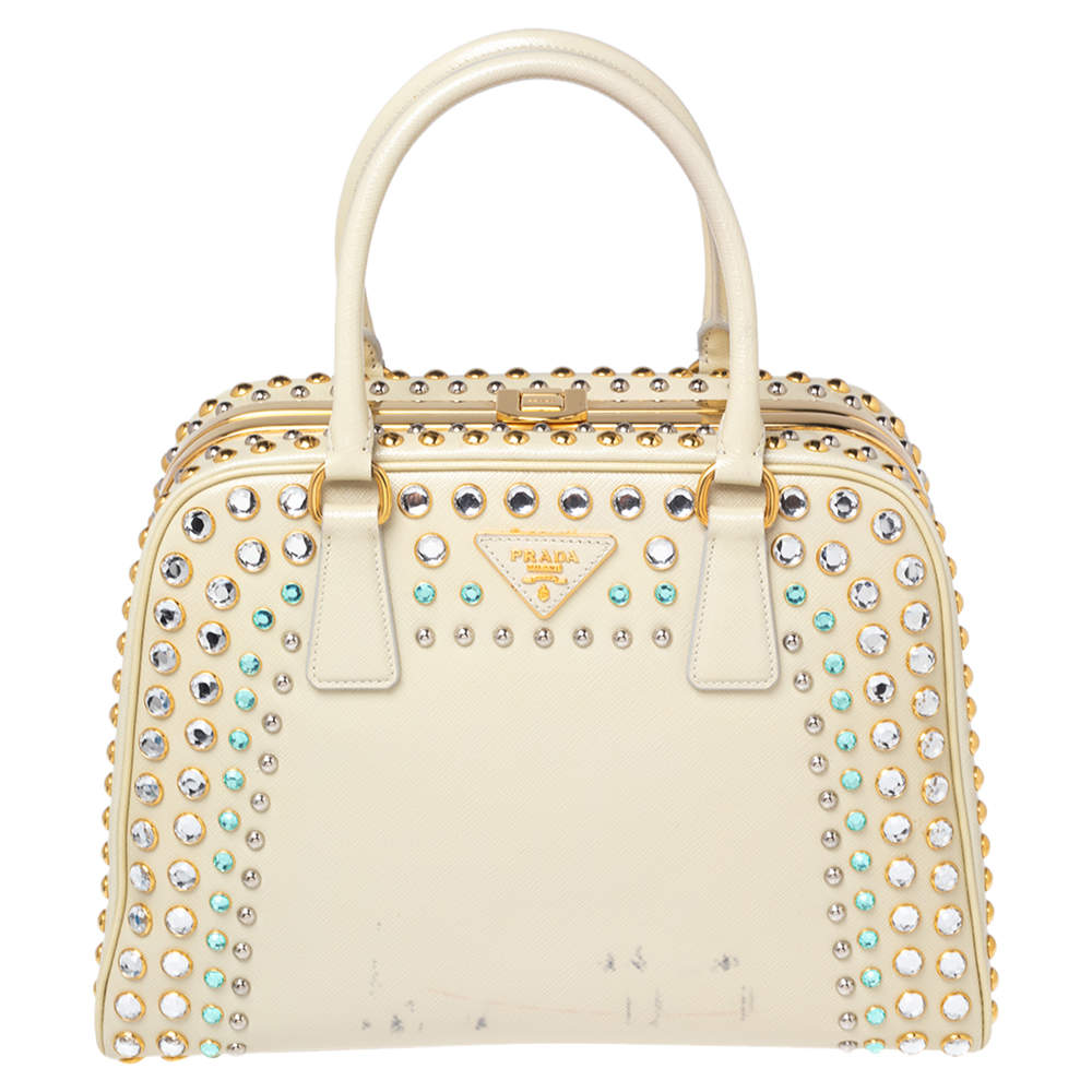 Pre Owned Prada Beige Crystal Embellished Saffiano Patent Leather Pyramid Frame Satchel