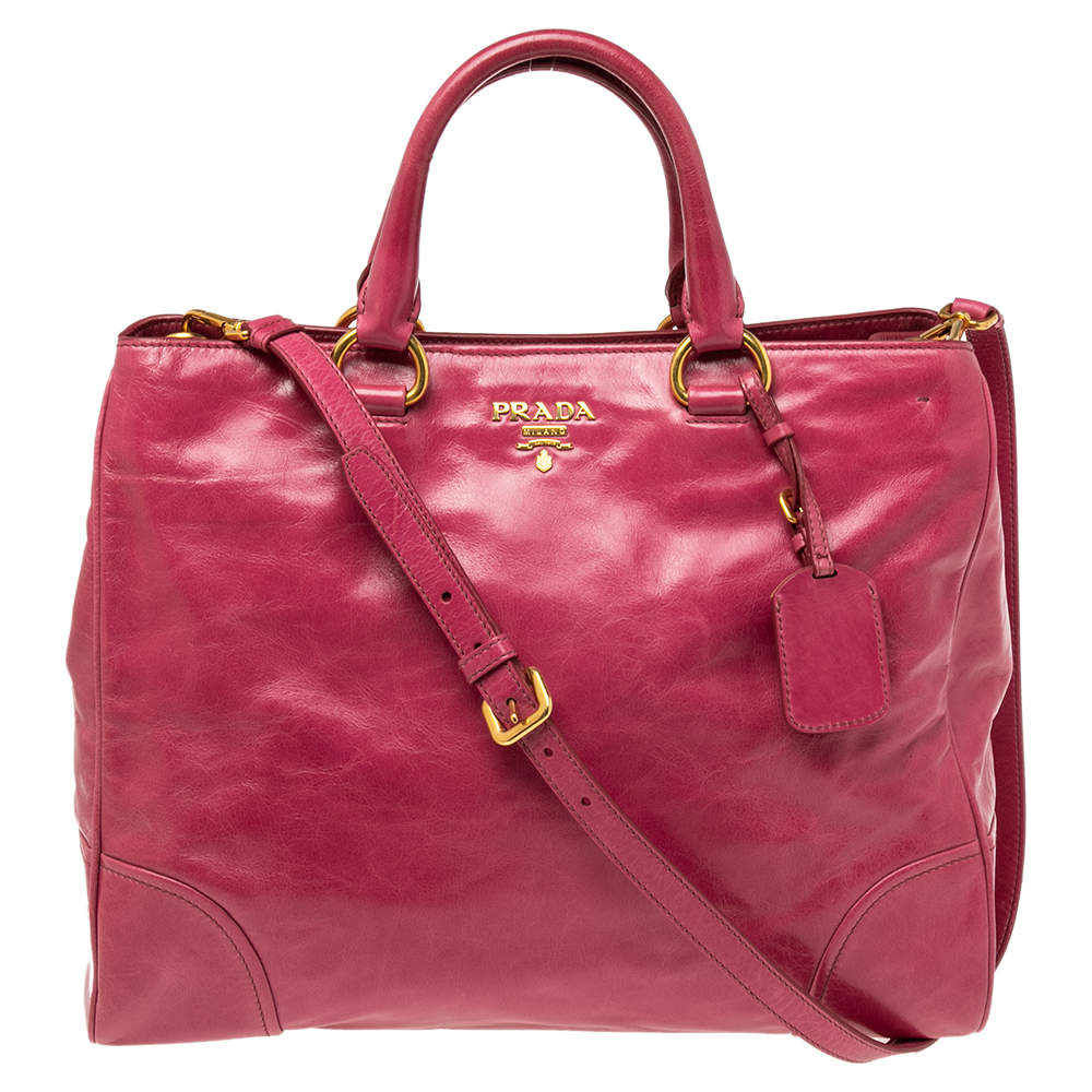 Pre Owned Prada Fuchsia Vitello Shine Leather Shopper Tote