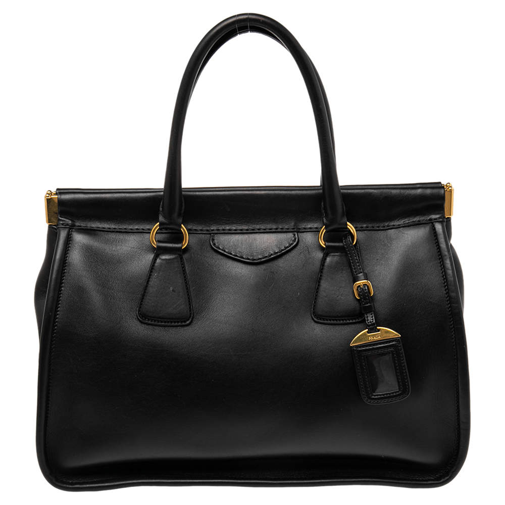 Pre Owned Prada Black Leather Frame Tote