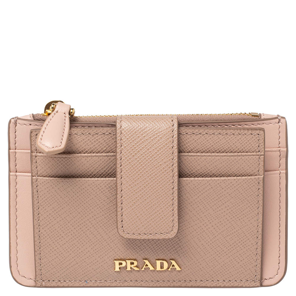 مملوكة مسبقًا Prada Dust Pink Saffiano Leather Zip Card Holder