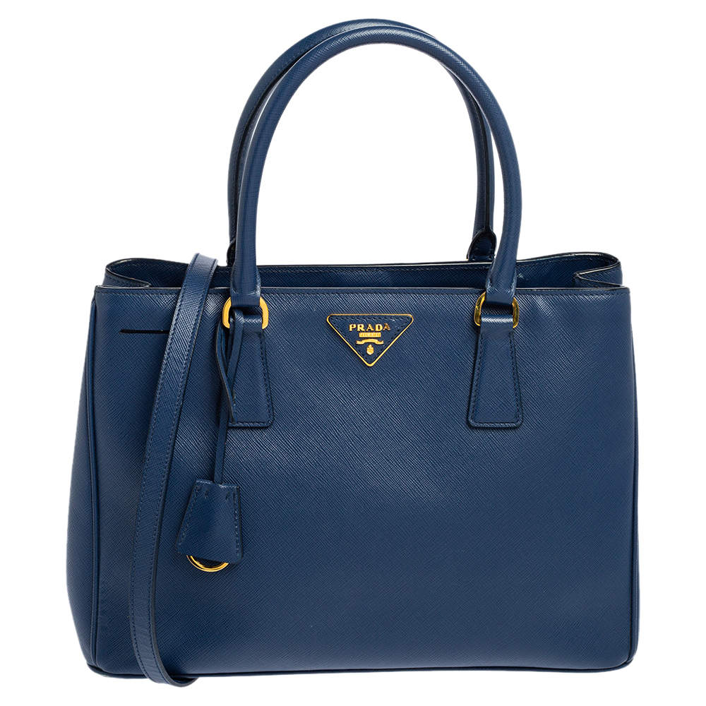 Pre Owned Prada Blue Saffiano Lux Leather Medium Galleria Zip Tote