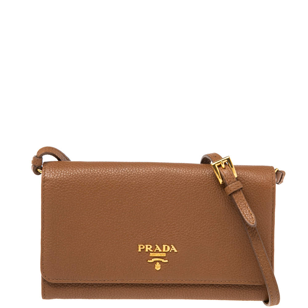 Pre Owned Prada Brown Leather Wallet On Strap