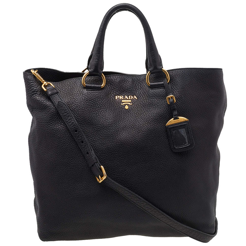 Pre Owned Prada Black Vitello Daino Leather Shopping Tote