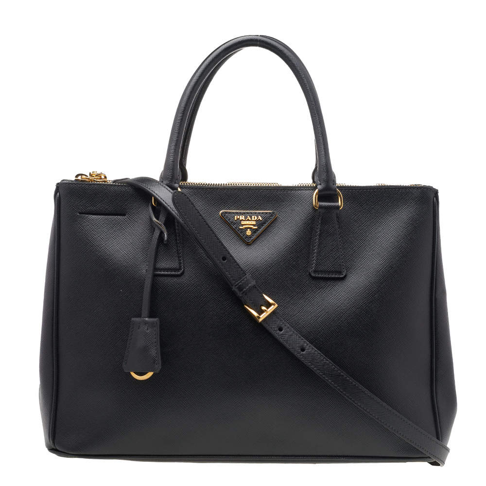 Pre Owned Prada Black Saffiano Lux Leather Medium Galleria Double Zip Tote