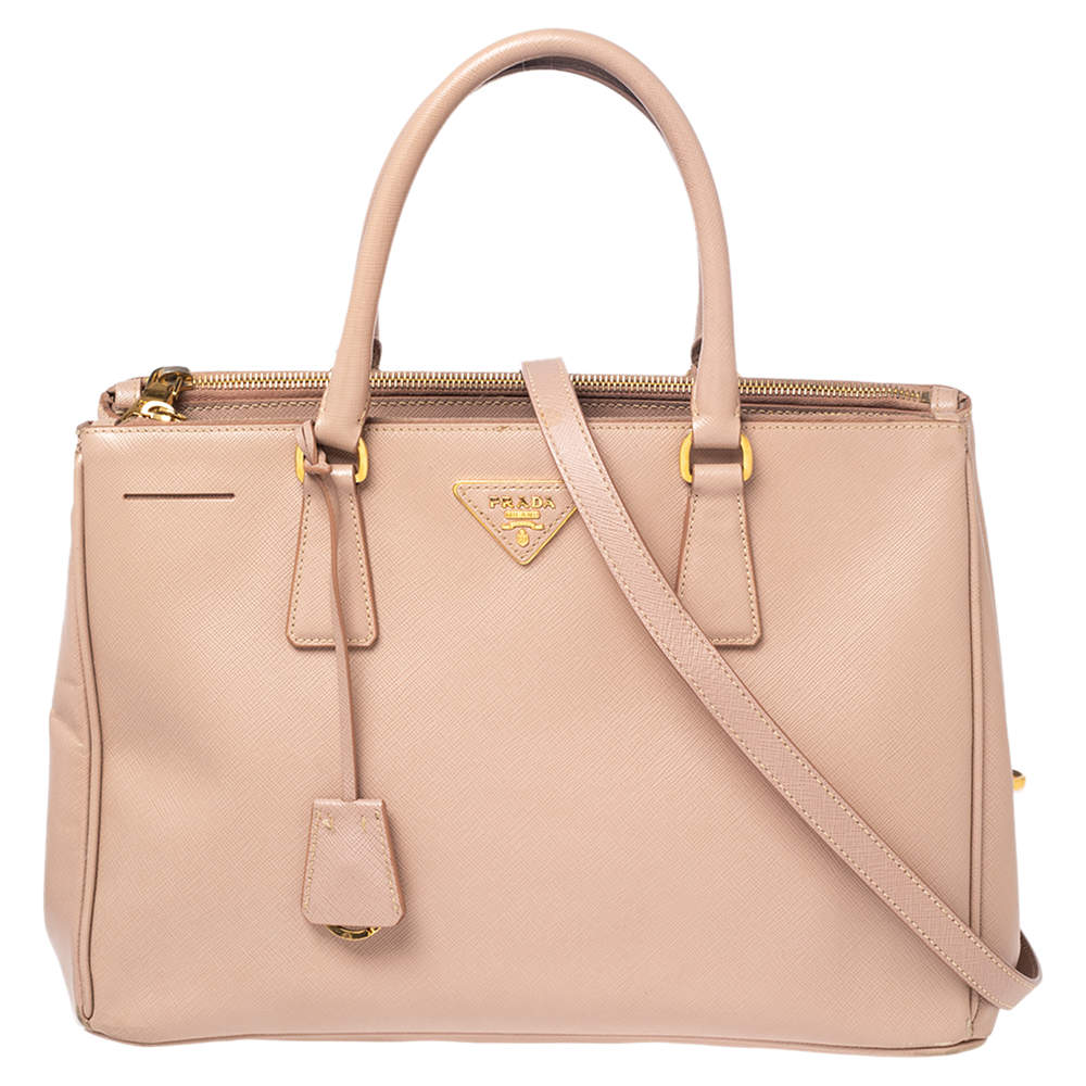 Pre Owned Prada Beige Saffiano Leather Medium Galleria Double Zip Tote