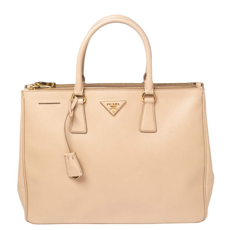 Pre Owned Prada Nude Saffiano Lux Leather Large Double Zip Tote