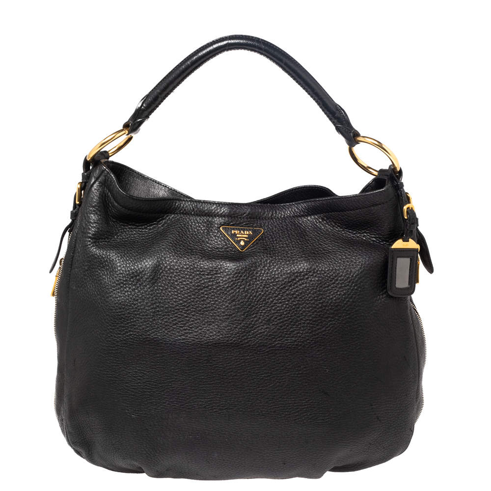 Pre Owned Prada Black Cervo Leather Zip Around Hobo