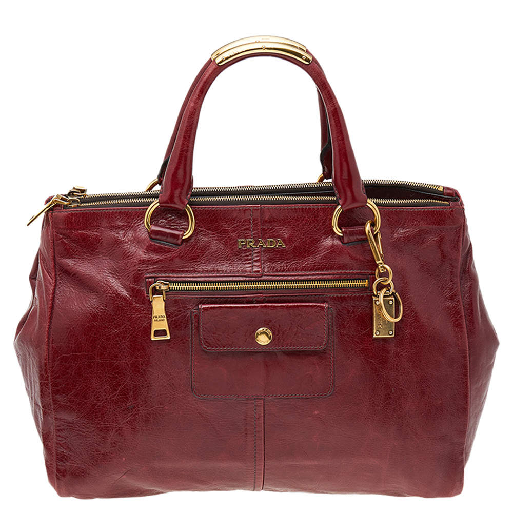 Pre Owned Prada Dark Red Vitello Shine Leather Tote