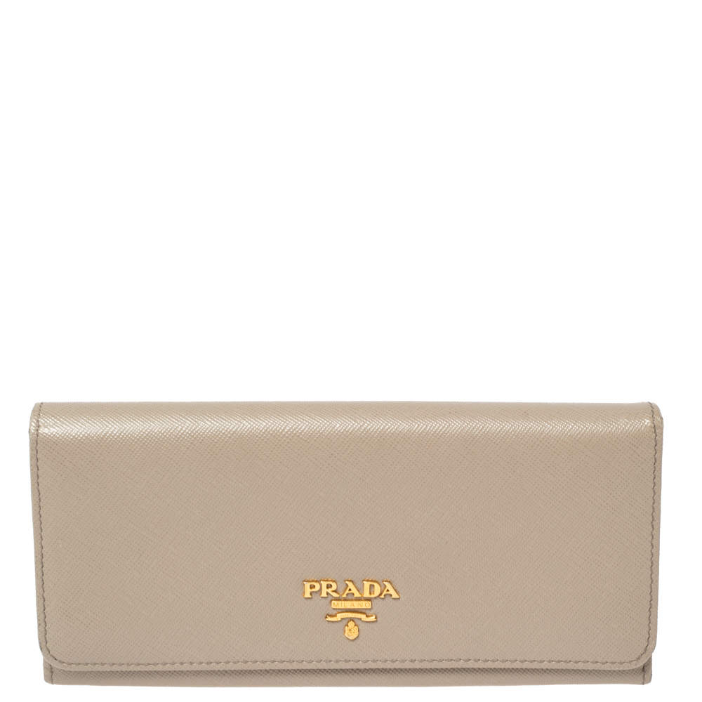 Pre Owned Prada Light Beige Saffiano Lux Leather Flap Continental Wallet