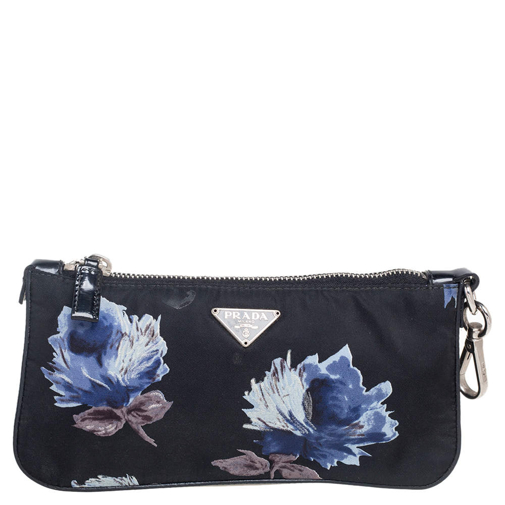 Pre Owned Prada Black Floral Print Nylon and Leather Pouch