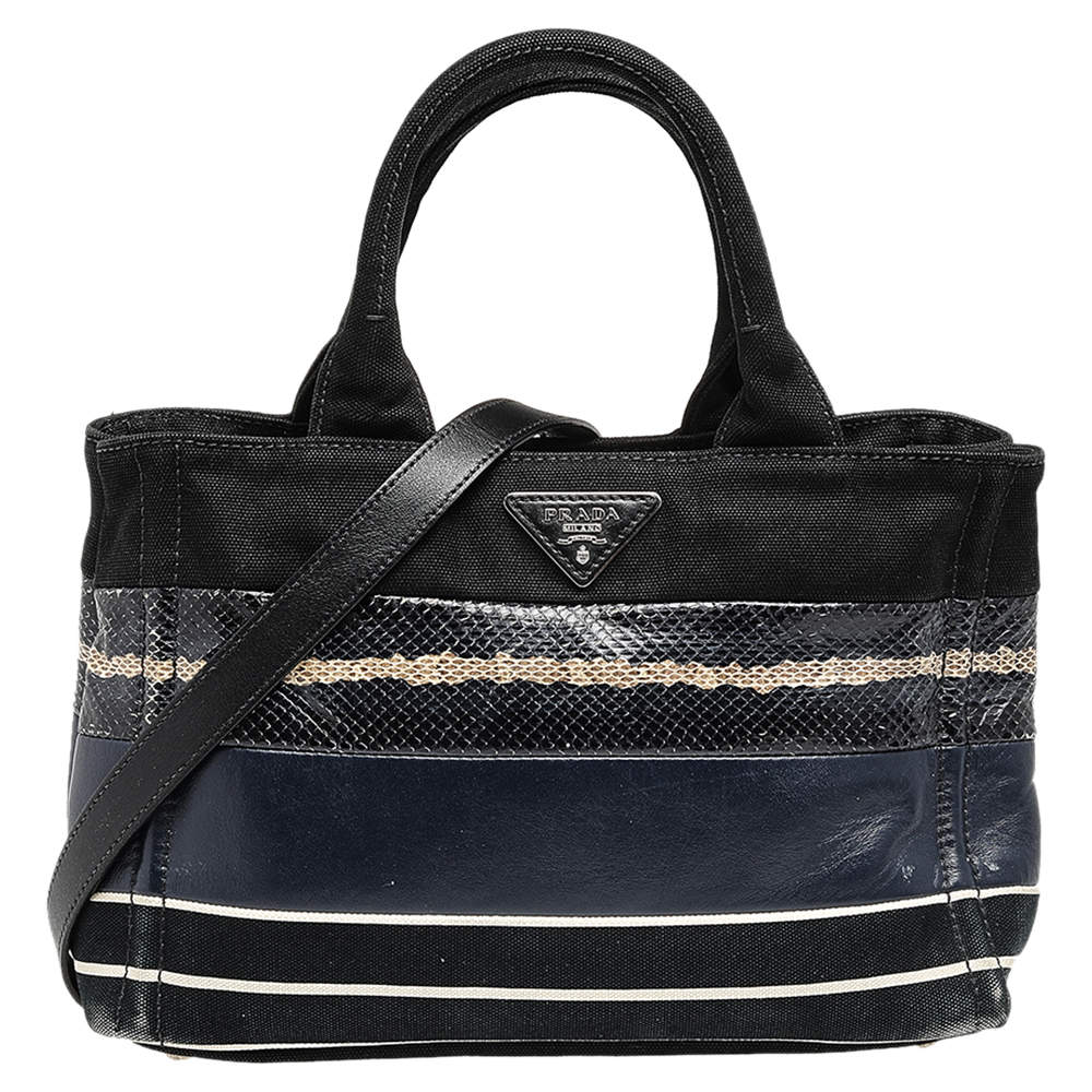 Pre Owned Prada Black Snakeskin Leather And Canvas Canapa Tote