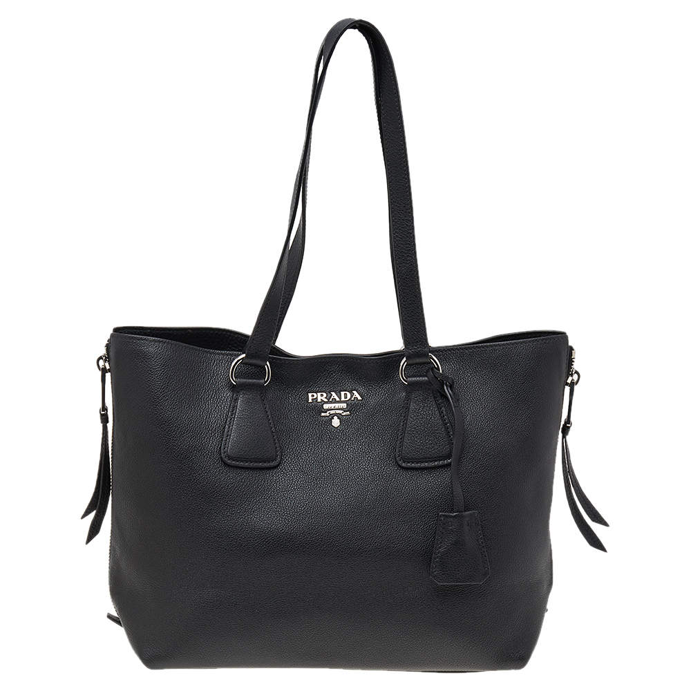 Pre Owned Prada Black Vitello Leather Phenix Side Zip Shopping Tote