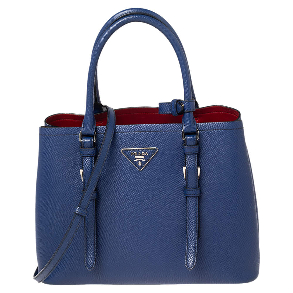 Pre Owned Prada Blue Saffiano Cuir Leather Small Double Handle Tote