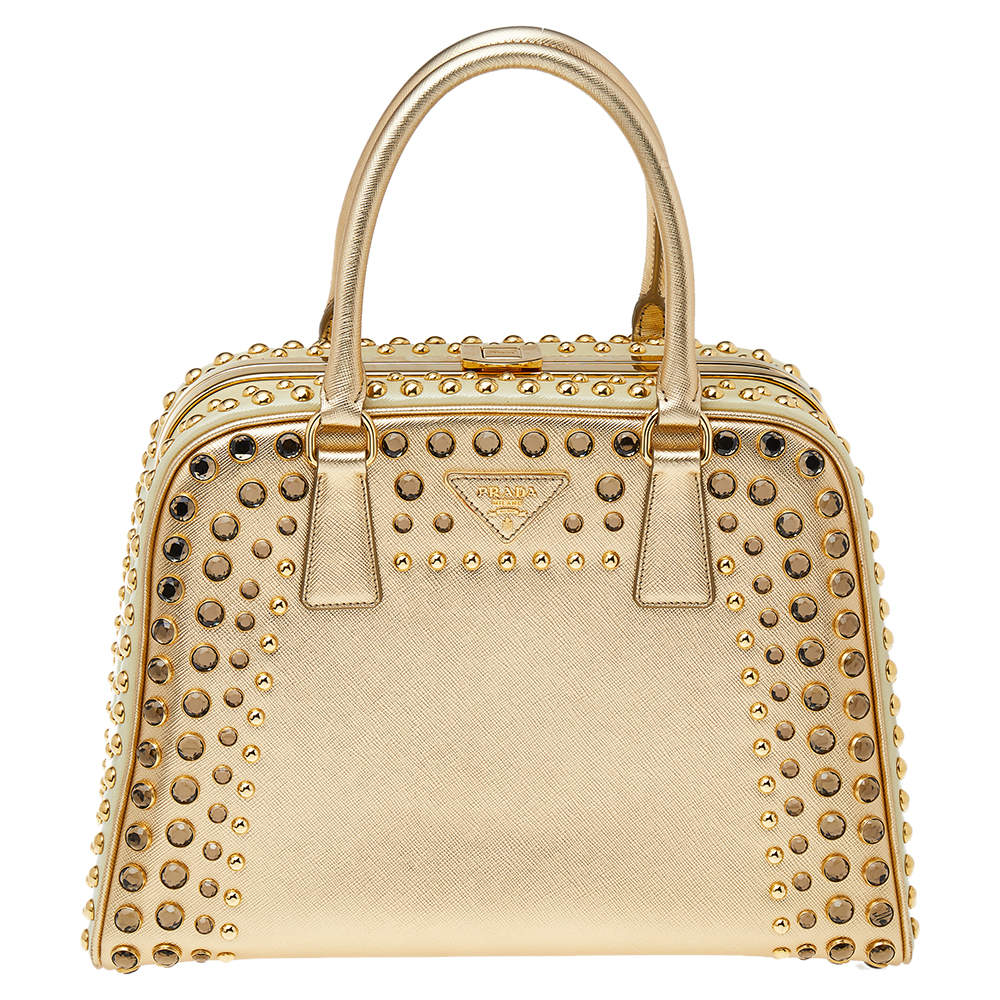 Pre Owned Prada Gold Saffiano Lux Leather Studded Pyramid Frame Satchel