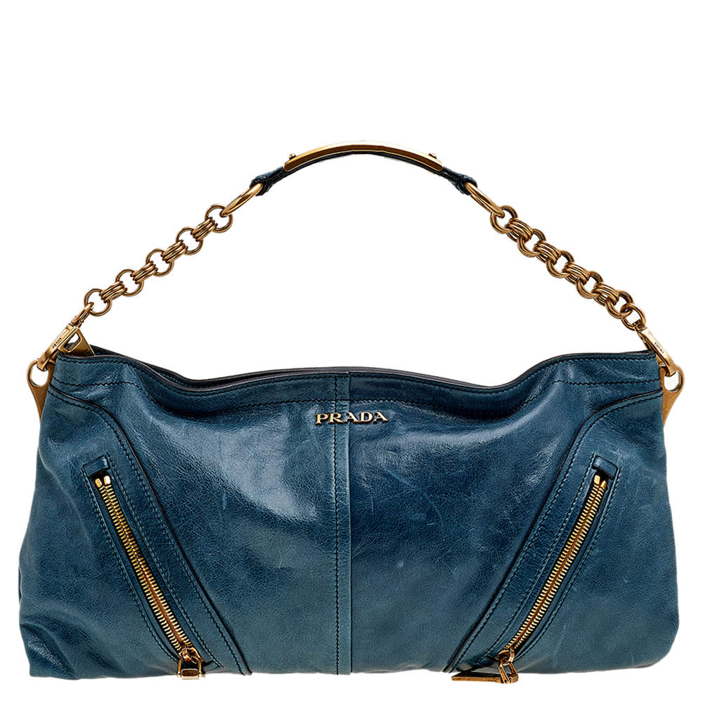 Pre Owned Prada Blue Leather Chain Shoulder Bag